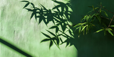 Elegant bamboo shadow on a vibrant green wall.