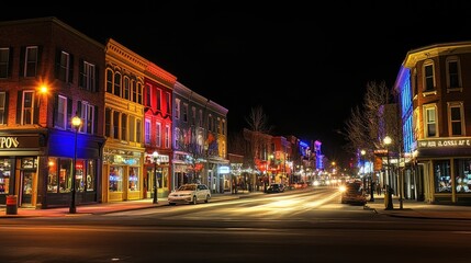 A vibrant downtown illuminated by colorful city lights at night.