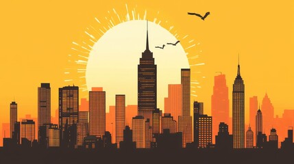 Fototapeta premium A vibrant metropolitan skyline during sunset, with buildings outlined in warm hues.