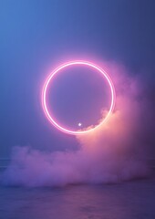 Obraz premium Ethereal Neon Circle with Crescent Moon and Star for Ramadan, Diwali, and Hanukkah Celebrations