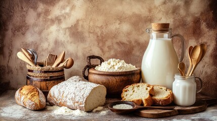 Fototapeta premium A vintage breakfast table with milk, bread, and wooden utensils.