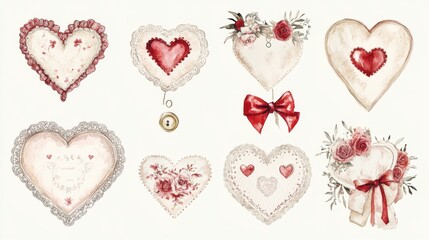 delicate watercolor love pattern, ornate heart designs with lace trim, antique brass hardware details, red ribbon bows, decorative buttons, floral arrangements, gift tags, romantic elements, light