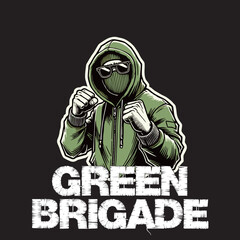 illustration vector graphic of Green Brigade Football fans ultras hooligan wear green jacket with green white scarf design for logo, t-shirt, etc
