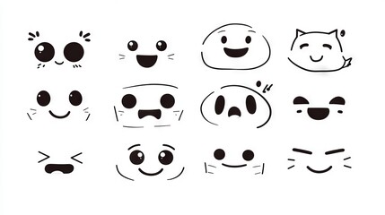 minimalist emoticon set, kawaii drawing style, japanese cute faces, simple black outlines, cheerful and playful expressions, variety of eyes and mouths, clean design on white background
