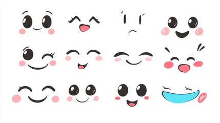 minimalist emoticon set, kawaii drawing style, japanese cute faces, simple black outlines, cheerful and playful expressions, variety of eyes and mouths, clean design on white background