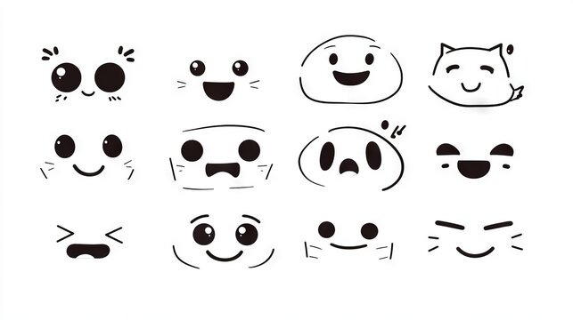 minimalist emoticon set, kawaii drawing style, japanese cute faces, simple black outlines, cheerful and playful expressions, variety of eyes and mouths, clean design on white background