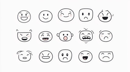 minimal emoji art set, cute cartoon face collection, black outline expressions, kawaii doodle style, simple emotional reactions, playful character faces, gentle line work, clean white space design