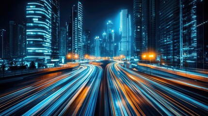 A futuristic cityscape at night with vibrant