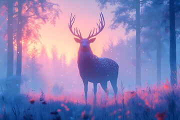 Fototapeta premium Majestic Stag at Dawn: A Dreamlike Forest Scene