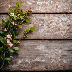 Rustic Wooden Tabletop with Blooming Flowers  Spring Floral Flatlay  Nature Background