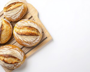Freshly baked bread rolls on a wooden cutting board, showcasing golden crusts and a rustic appearance.