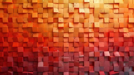 Fototapeta premium A vibrant abstract wall made of colorful cubes in gradient shades from orange to red.