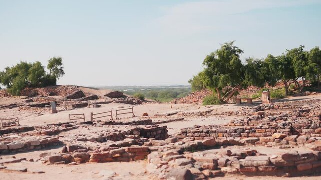 4K shot of ancient civilization ruins of Harappan city in Dholavira, Kutch, India. The ancient city of Dholavira UNESCO World Heritage Centre. Archaeological site of Indus valley civilization.
