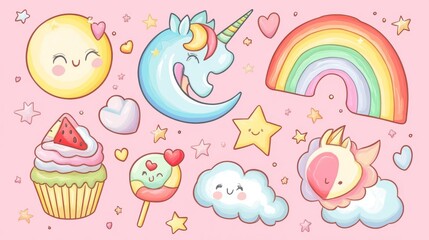 Cute kawaii sticker collection featuring pastel cartoon characters, unicorn pony with rainbow mane, caticorn with heart marking, dreamy moon face, floating lollipop, fluffy clouds with rainbow,