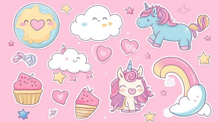 Cute kawaii sticker collection featuring pastel cartoon characters, unicorn pony with rainbow mane, caticorn with heart marking, dreamy moon face, floating lollipop, fluffy clouds with rainbow,
