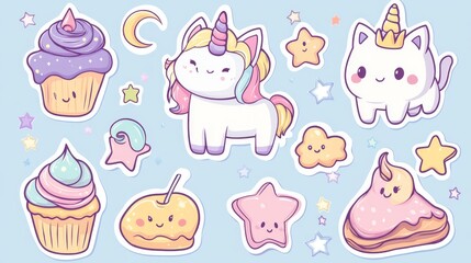 Obraz premium Kawaii fantasy creatures and sweet treats sticker pack, mythical unicorn with multicolored hair, magical cat with unicorn horn and pastel rainbow tail, smiling celestial elements including moon and