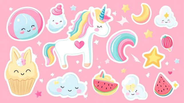 Cute kawaii sticker collection featuring pastel cartoon characters, unicorn pony with rainbow mane, caticorn with heart marking, dreamy moon face, floating lollipop, fluffy clouds with rainbow,