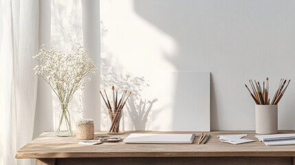 Minimalist artist workspace with flowers and blank canvas.