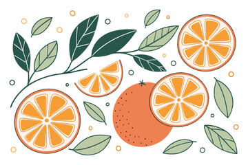 Vibrant orange citrus fruits, Graphic illustration style, Whole oranges and slices, Fresh green leaves, Minimalist design, White background, Scattered arrangement, 2D flat art, Bright and cheerful col