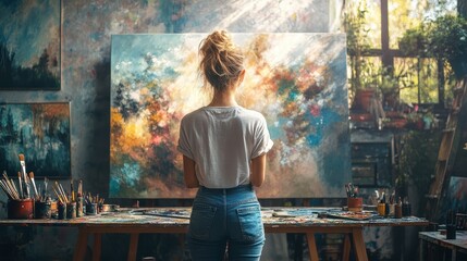 Fototapeta premium Woman in an art studio, painting on a large canvas, with natural light streaming in, surrounded by paintings and brushes.