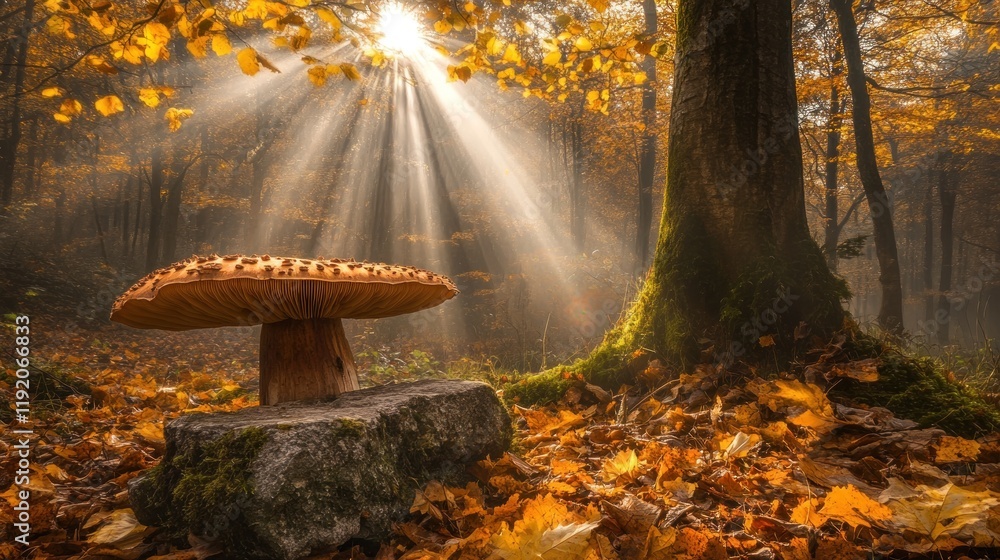 Poster sunbeams illuminate a large mushroom resting on a rock in an autumn forest.