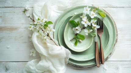 Minimalist place setting with pale sage green plate, flowing white fabric napkin, scattered cherry blossom sprigs with fresh green leaves, wooden-accented cutlery, weathered white wooden table