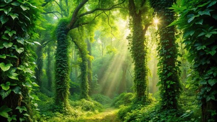 Obraz premium Lush green forest with vines and leaves, creating a vibrant and flourishing natural environment, lush, green, forest