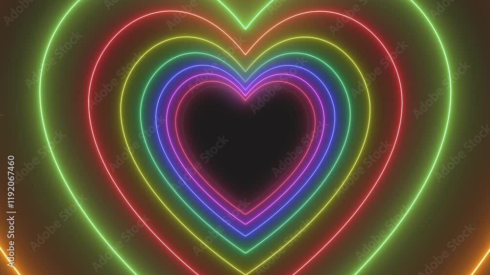 Poster video animation of many hearts in neon rainbow color on dark background - abstract background - seam