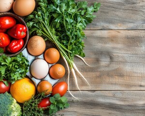 A vibrant arrangement of fresh vegetables, eggs, and herbs on a rustic wooden surface, showcasing natural colors and textures.