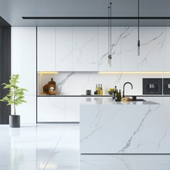 Modern kitchen design featuring sleek white marble surfaces.