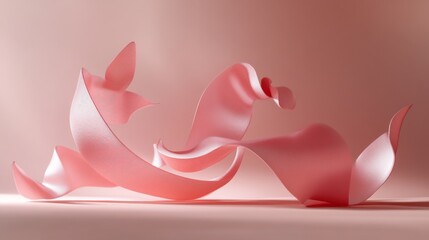 dynamic pink ribbon sculpture against blush background, sculptural ribbon forms with gentle twists, soft shadow play, peaceful minimalist design, smooth satin texture, delicate butterfly motifs,