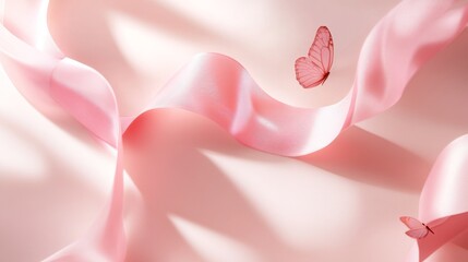 dynamic pink ribbon sculpture against blush background, sculptural ribbon forms with gentle twists, soft shadow play, peaceful minimalist design, smooth satin texture, delicate butterfly motifs,