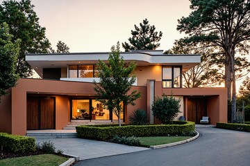  Luxury Modern Home With A Large Driveway And A Well-Manicured Lawn