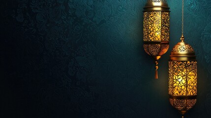 Festive lanterns illuminate ornate wall, celebrating Ramadan. Ideal for greeting cards