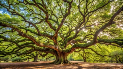 Panorama of the intricate branches of a majestic Angel Oak tree ,  Angel Oak, branches, nature, tree, panorama