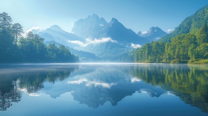 Fototapeta premium Serene mountain landscape reflecting in calm water.