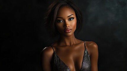Woman wearing a chic dress, standing confidently in front of a black backdrop, with strong studio lighting to emphasize her features.