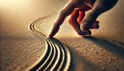 Artistic framing of an index finger tracing a line in sand, with soft grains and natural lighting enhancing realism.