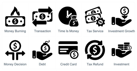 A set of 10 business icons as money burning, transaction, time is money