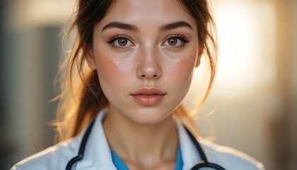 A young female doctor with a natural skin texture is portrayed wearing a white lab coat and a stethoscope. Her complexion reveals soft pores, subtle freckles.