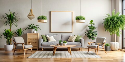 Modern Scandinavian living room poster mockup. Minimalist home décor, showcasing stylish apartment  design.