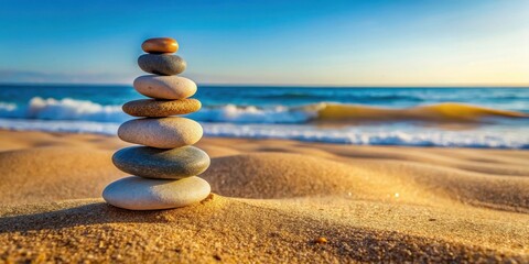 Stones balanced with pebbles on sandy beach, stones, balance, pebbles, sea, sand, beach, tranquility, nature, zen