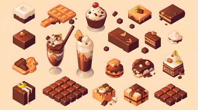 Pixel art set of chocolate menu items, designed in a pixelated style for a game or project.