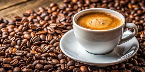 Fototapeta premium Close-up of rich and aromatic coffee filling up a white ceramic cup , steam, drink, beverage, morning, cafe, espresso, latte