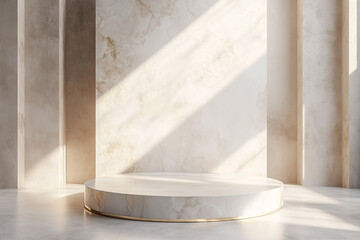 An elegant, minimalist podium positioned in the center of sleek, modern studio with neutral gradient background. 