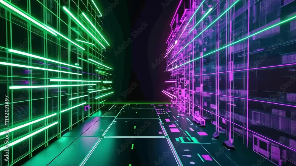 Poster neon lit tunnel with vibrant lines creating a dynamic abstract visual atmosphere and futuristic ambi
