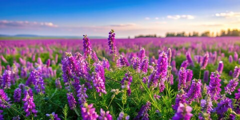 Naklejka premium Field of blooming Mongolian milkvetch with vibrant purple flowers and lush green leaves, Mongolian milkvetch