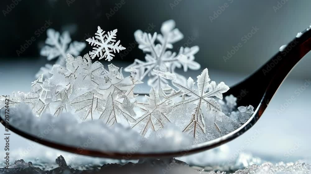 Poster closeup of delicate snowflakes resting on a spoon, highlighting intricate patterns and shimmering te