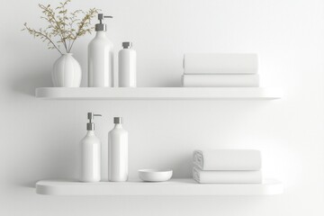 Elegant 3D design of white shelves with soft lighting for a clean product display.