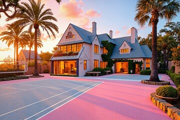 Naklejka premium Luxurious Mansion With A Tennis Court And Palm Trees At Sunset